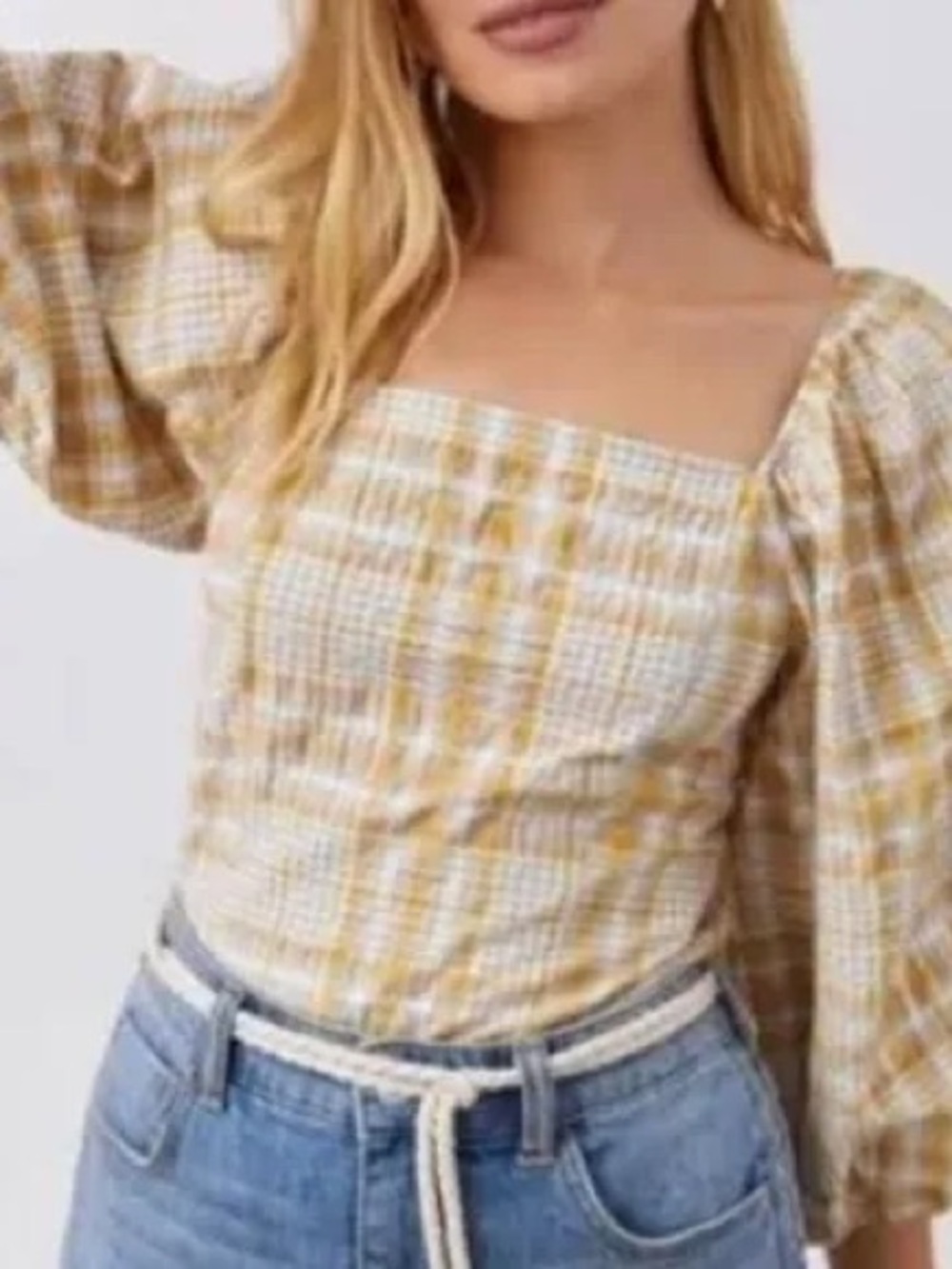 Maeve Anthropologie Plaid Square Neck Blouse Small Mustard NWT Puff Sleeve
